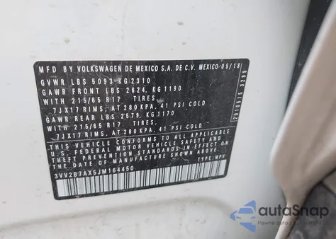 2018 Volkswagen Tiguan 2.0T Se/2.0T Sel из США, поврежденный, VIN 3VV2B7AX5JM164450